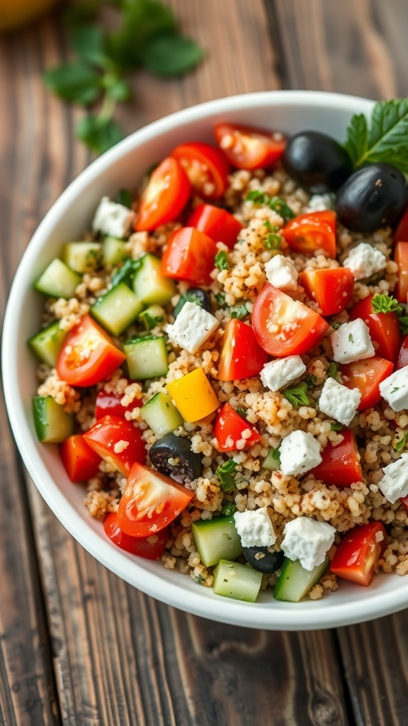 A colorful Mediterranean quinoa salad with cucumbers, tomatoes, bell peppers, herbs, and feta cheese on a wooden table.